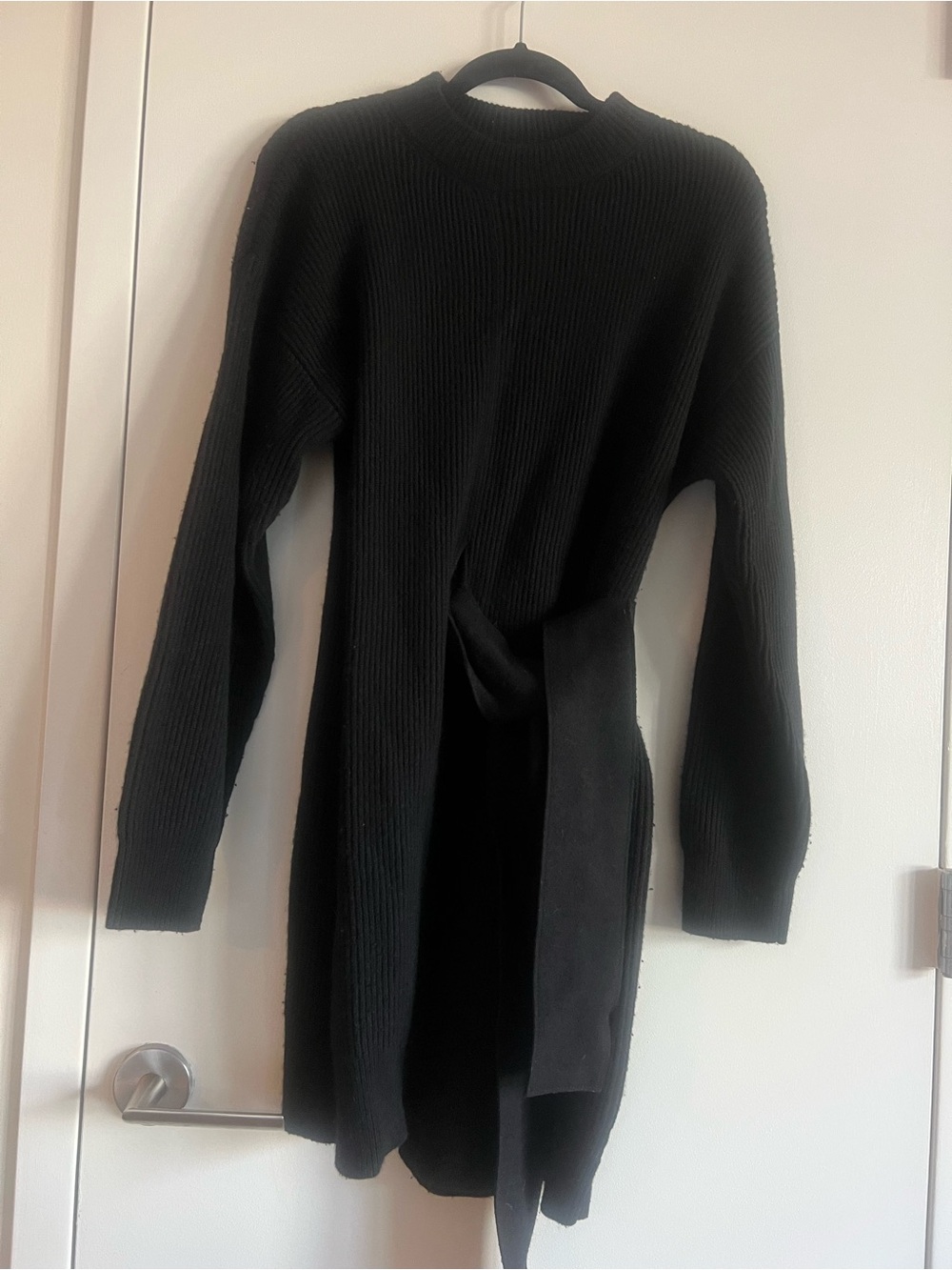 Proenza Schouler Black Wool Cashmere Ribbed Knit Long Sleeve Belted Sweater Dres